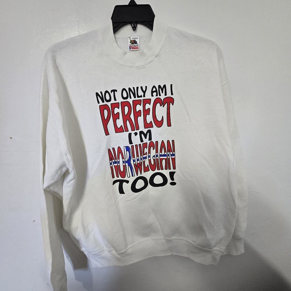 Fruit of the Loom Sweatshirt Pullover White Graphic I'm Norwegian VTG 1992 Sz XL